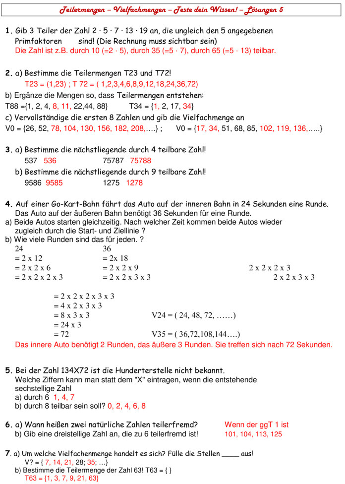 Übungsblatt zu Teiler und Vielfache