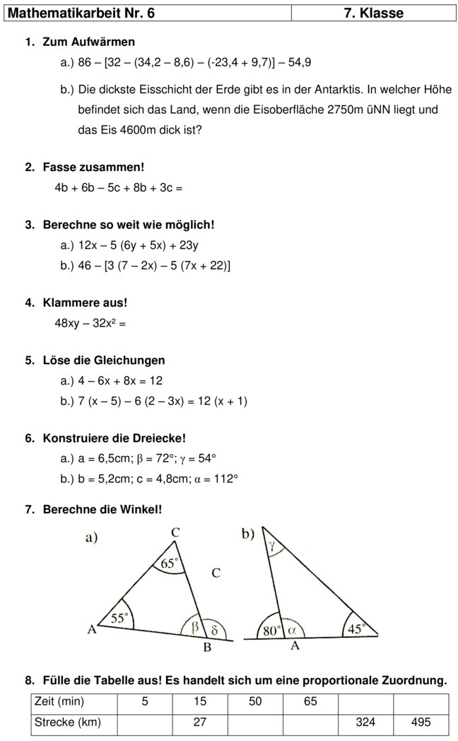 Klassenarbeit zu abschlussarbeit mathe 7 klasse 