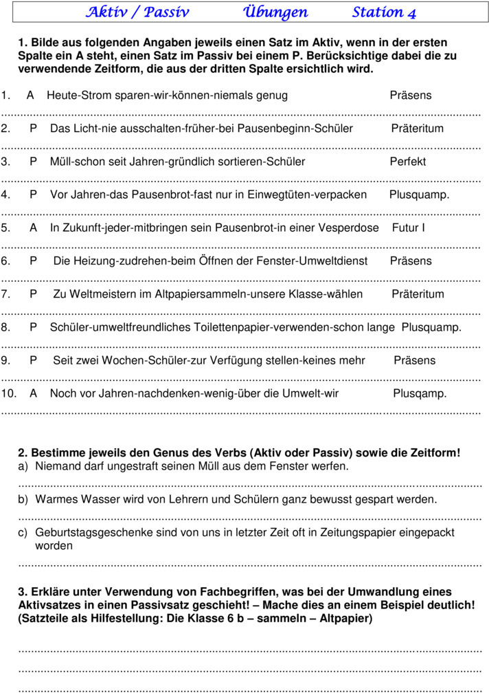 Aktiv Passiv übungen Mit Lösungen Übungsblatt zu Aktiv - Passiv