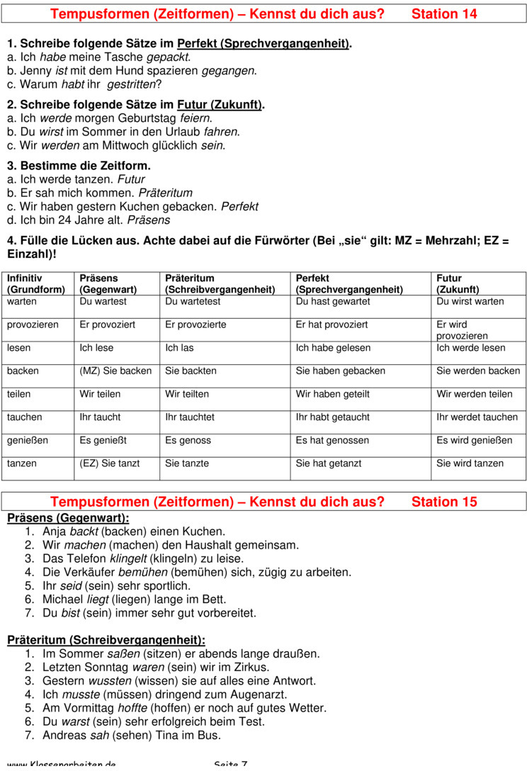 Übungsblatt zu Zeitformen