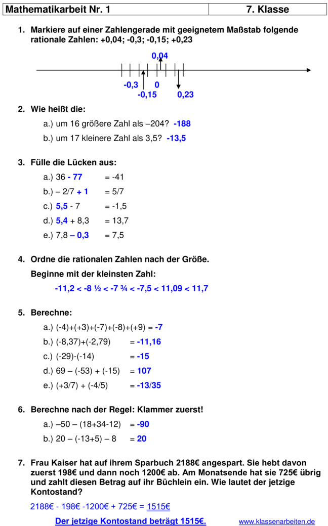 Klassenarbeit zu Negative Zahlen