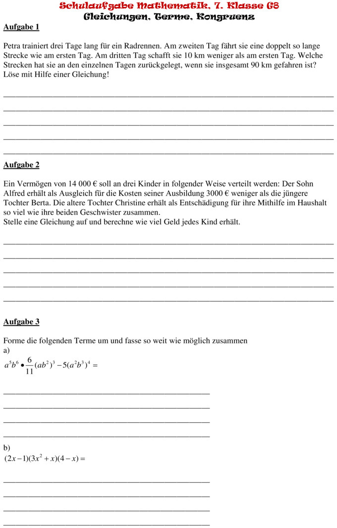 Klassenarbeit zu Gleichungen [7. Klasse]
