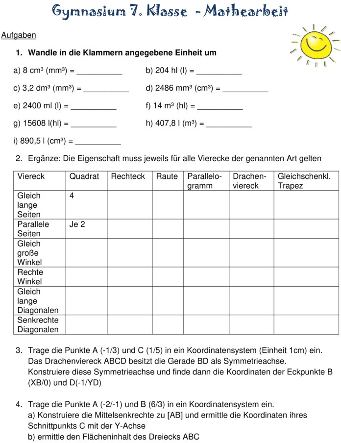 Klassenarbeit zu Schuljahresbeginn [Mathe 7. Klasse]