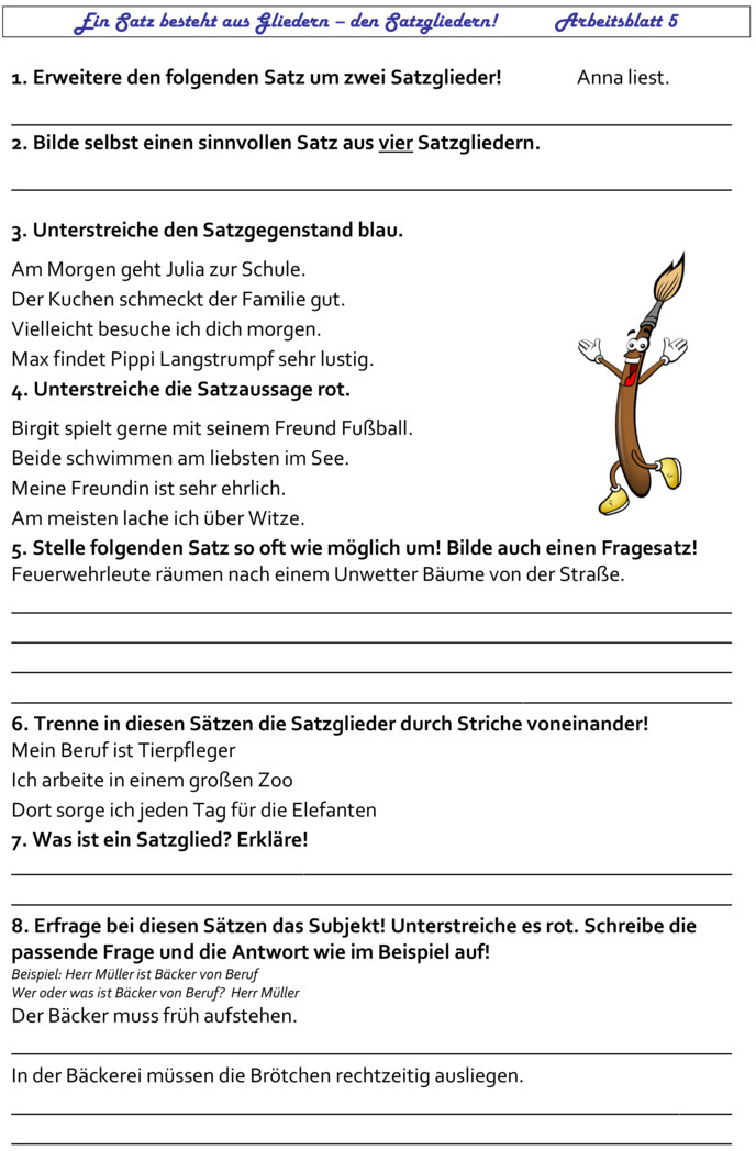 Übungsblatt zu Satzglieder [3. Klasse]