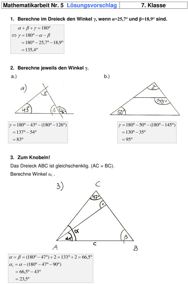 Klassenarbeit Mathe Klasse 6 Winkel Und Dreiecke