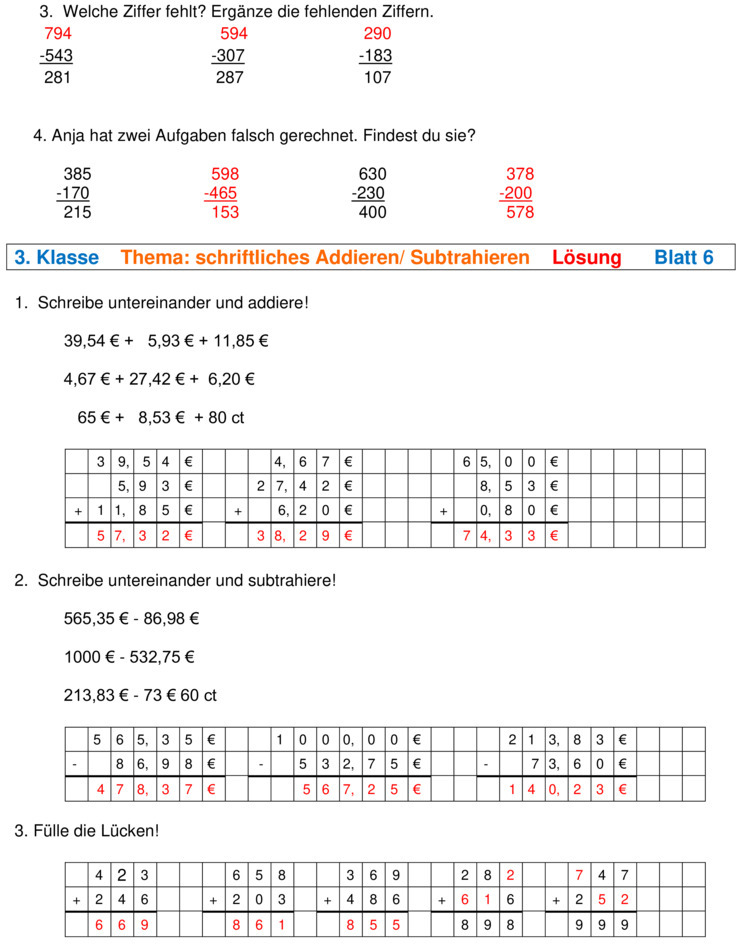 Schriftliche Addition Und Subtraktion