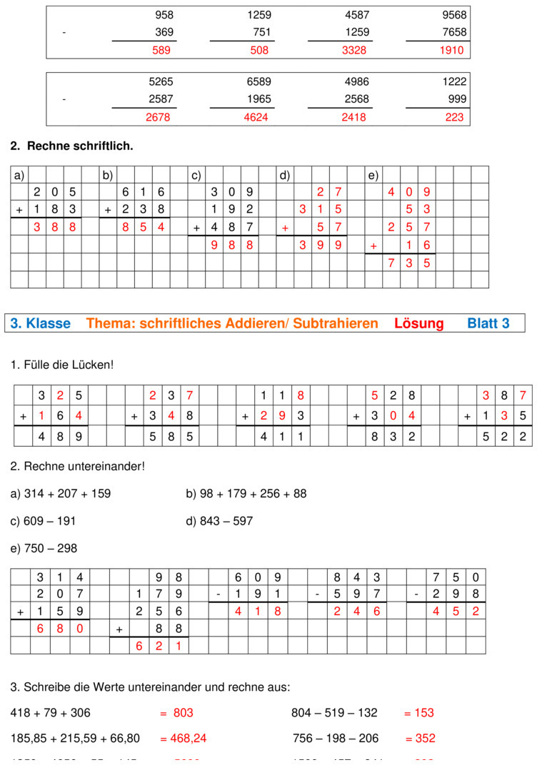 Addition Subtraktion Klasse 5 | Subtraktion 40 Arbeitsblätter mit