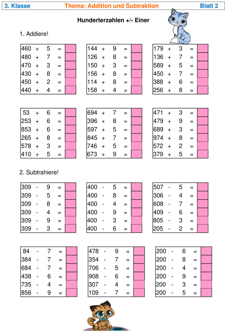 Übungsblatt zu Addition und Subtraktion bis 1000