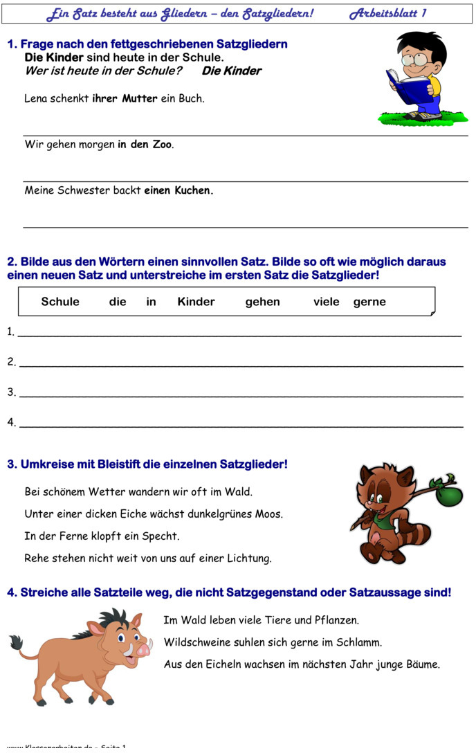 Übungsblatt zu Satzglieder [3. Klasse]