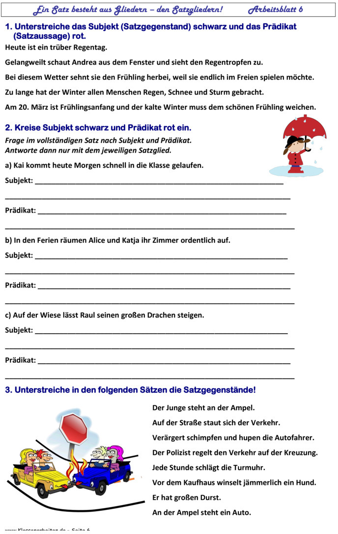 Übungsblatt zu Satzglieder [3. Klasse]