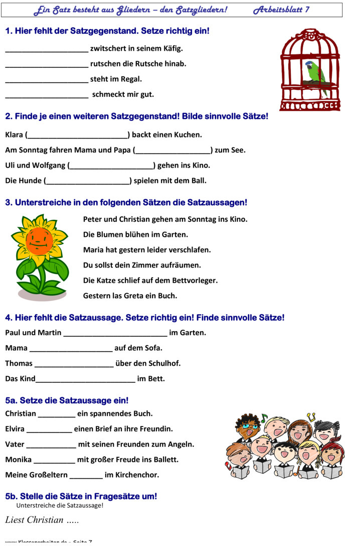 Übungsblatt zu Satzglieder [3. Klasse]