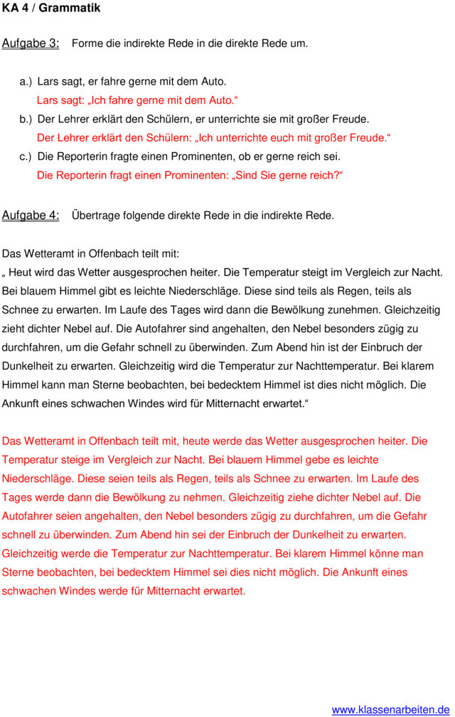 Indirekte Rede Englisch übungen Mit Lösungen Klassenarbeit zu Indirekte Rede