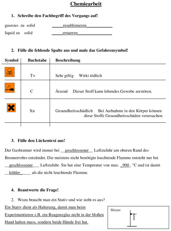 Klassenarbeit zu Unterrichtsfach Chemie