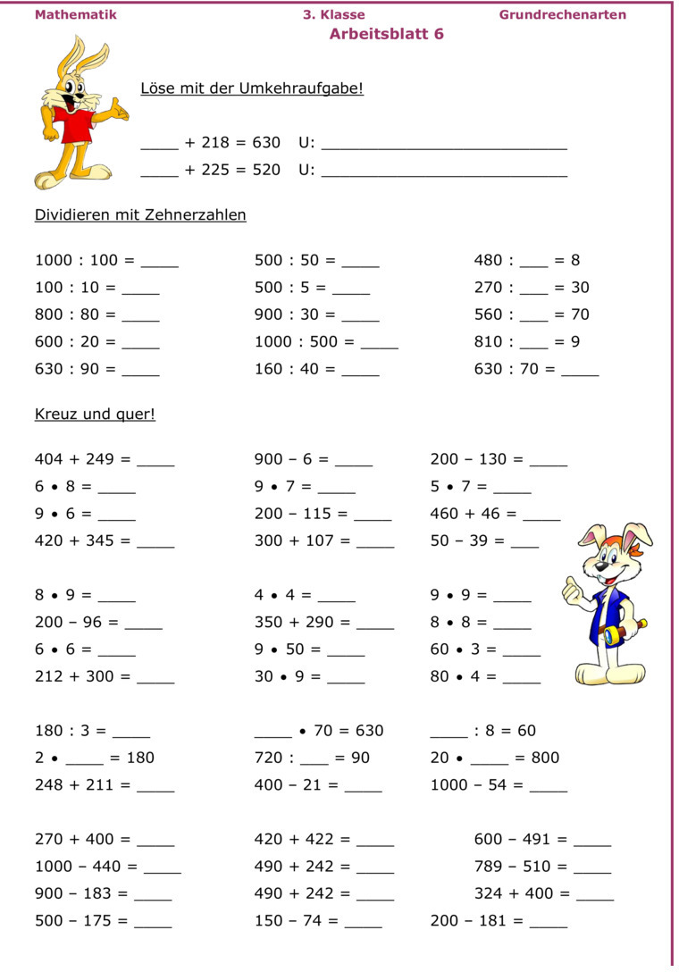 Übungsblatt zu 2. Halbjahr gemischt [Mathe 3. Klasse]