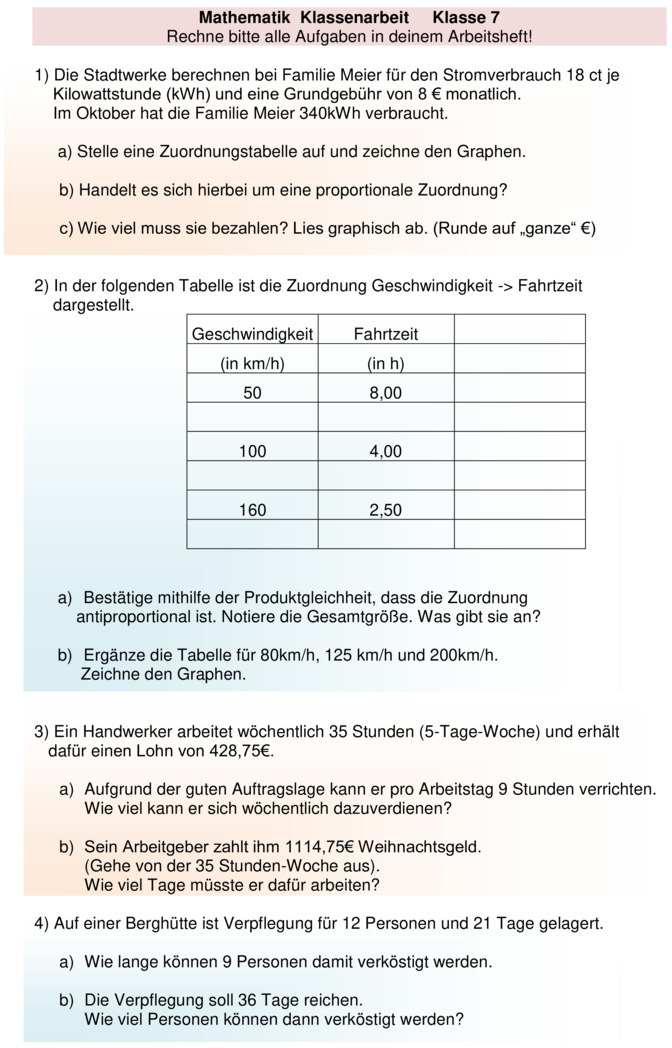 Proportionale Zuordnungen Aufgaben Mit Lösungen Klasse 7 Pdf Klassenarbeit zu Proportionale Zuordnungen [Klasse 7]