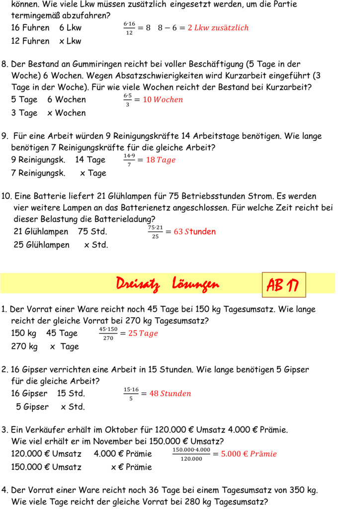 Aufgaben Zum Dreisatz Mit Lösungen Übungsblatt zu Dreisatz