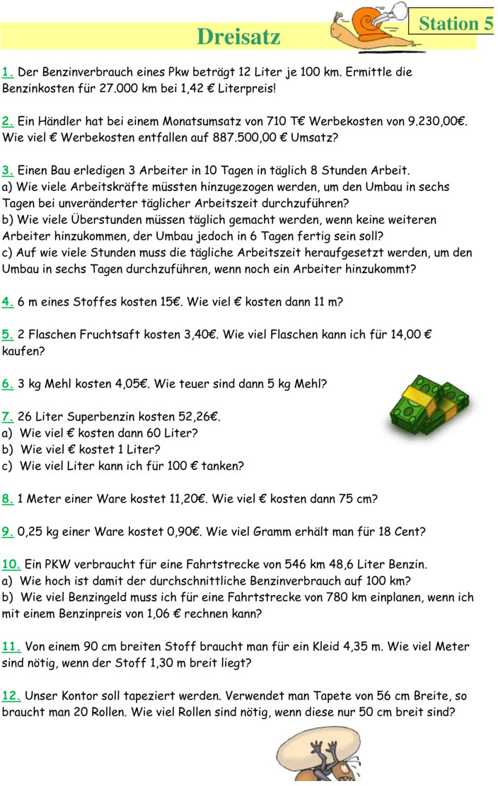 Dreisatz Aufgaben Mit Lösungen Übungsblatt zu Dreisatz