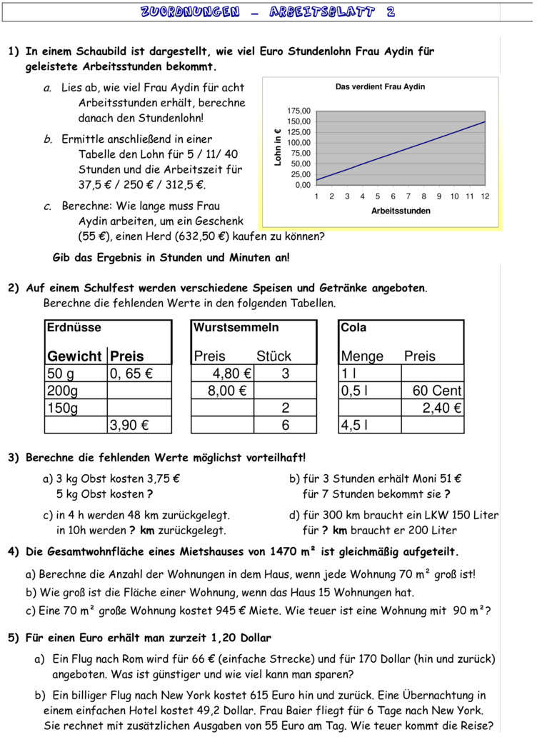 Übungsblatt zu Proportionale Zuordnungen [Klasse 7]