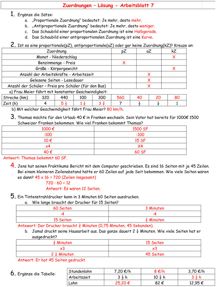 Übungsblatt zu Proportionale Zuordnungen [Klasse 7]
