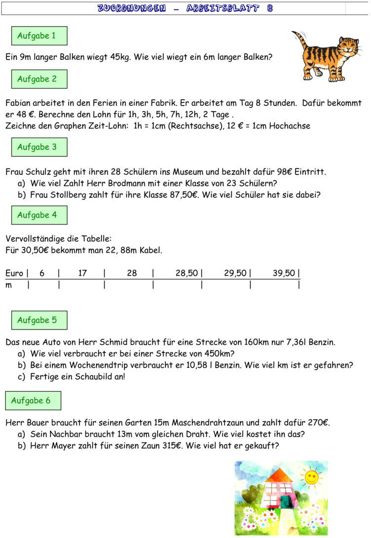 Übungsblatt zu Proportionale Zuordnungen [Klasse 7]