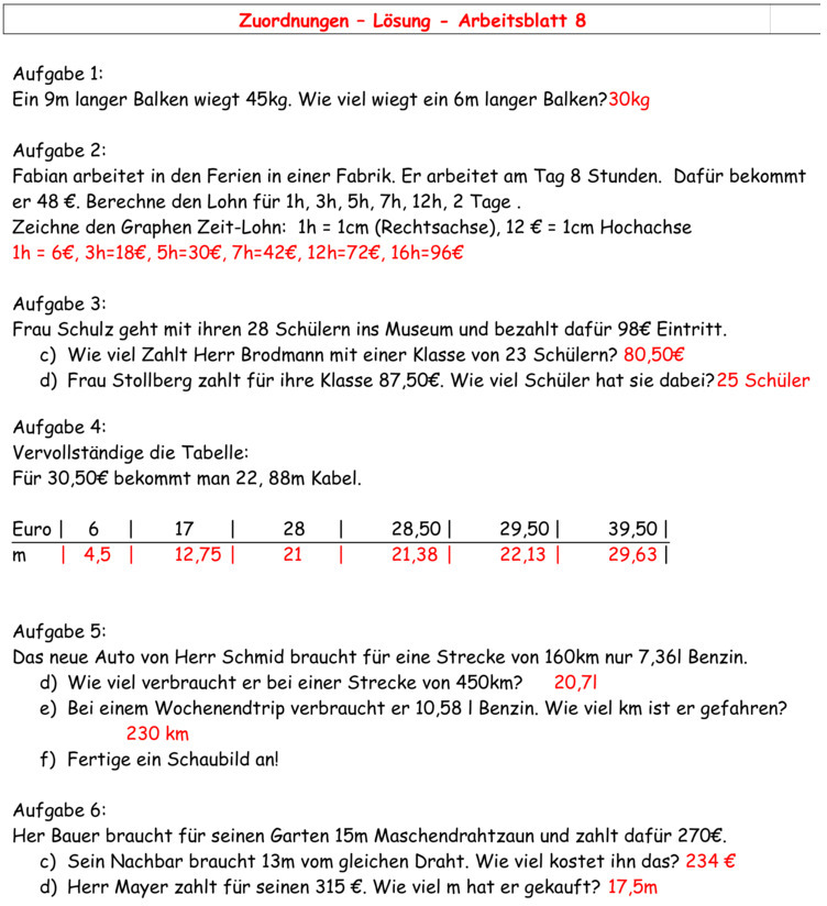 Proportionale Zuordnungen Aufgaben Mit Lösungen Klasse 7 Pdf Übungsblatt zu Proportionale Zuordnungen [Klasse 7]