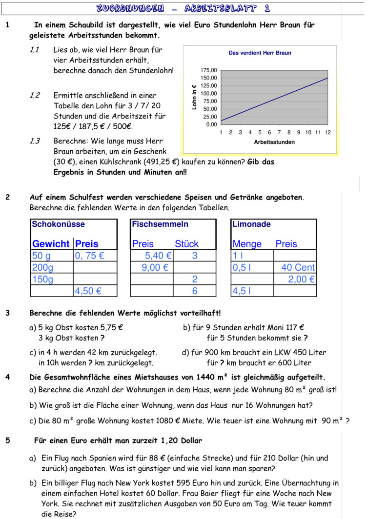 Proportionale Und Antiproportionale Zuordnungen Aufgaben Mit Lösungen Pdf Übungsblatt zu Proportionale Zuordnungen [Klasse 7]