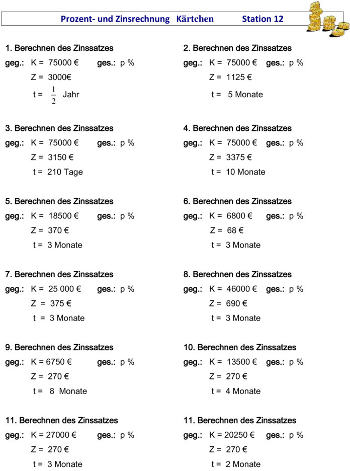 Prozent Und Zinsrechnung Aufgaben Mit Lösungen Klasse 7 Übungsblatt zu Zinsrechnung