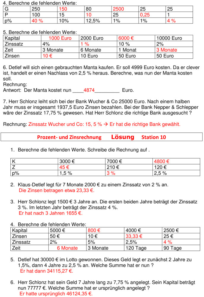 Prozent Und Zinsrechnung Aufgaben Mit Lösungen Klasse 7 Übungsblatt zu Zinsrechnung
