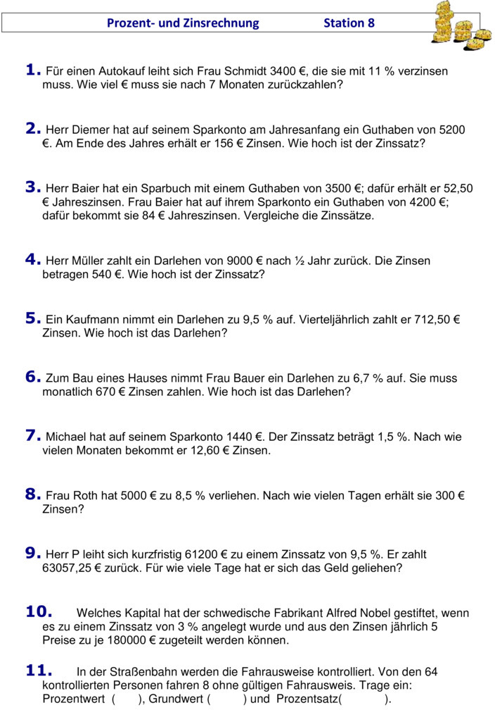 Prozent Und Zinsrechnung Aufgaben Mit Lösungen Klasse 7 Übungsblatt zu Zinsrechnung