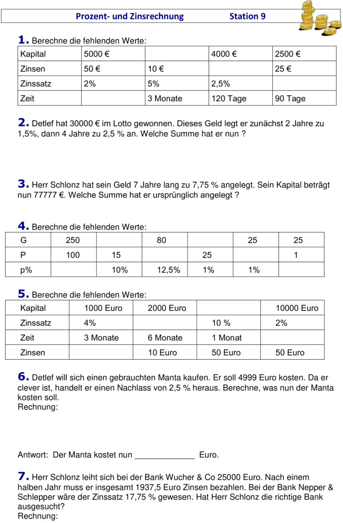 Zinsrechnungen Übungen Pdf – Zinsrechnung Vermischt 5 Übungen – Braun