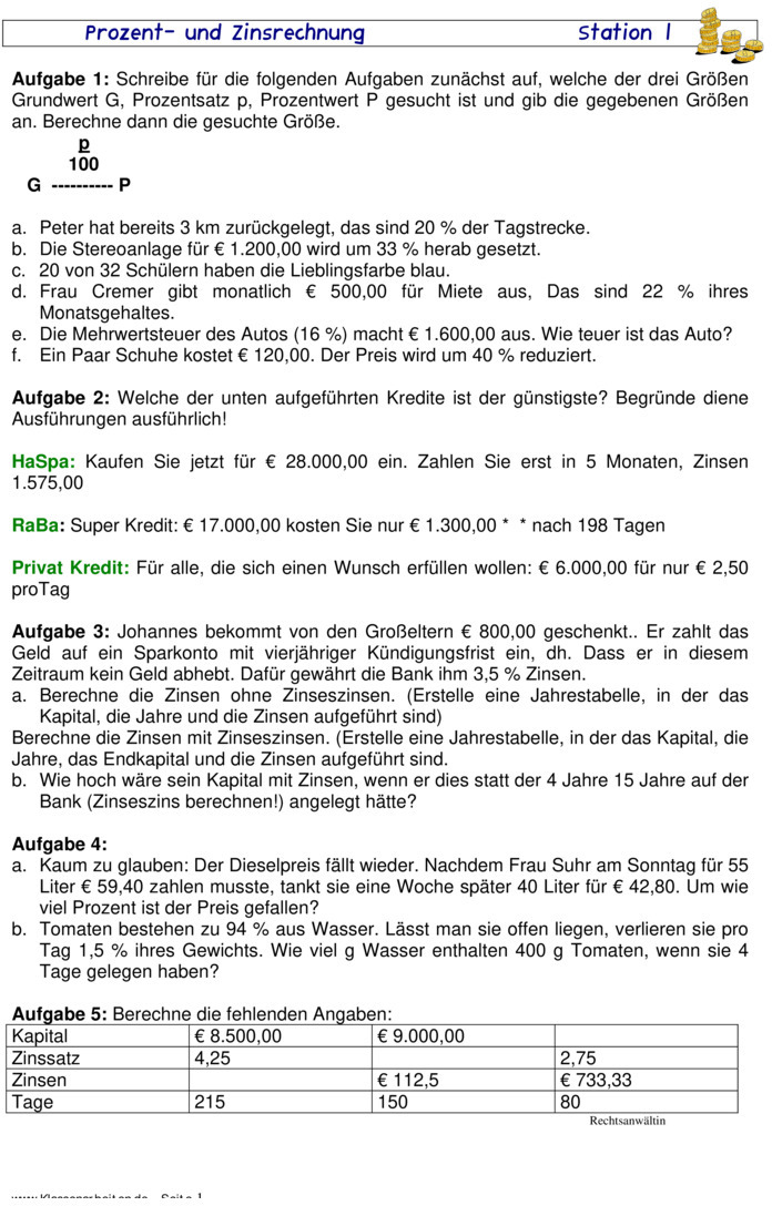 Zinsrechnung Aufgaben Mit Lösung Übungsblatt zu Zinsrechnung