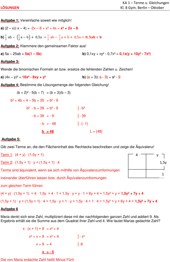 Klassenarbeit zu Terme und Gleichungen [8. Klasse]