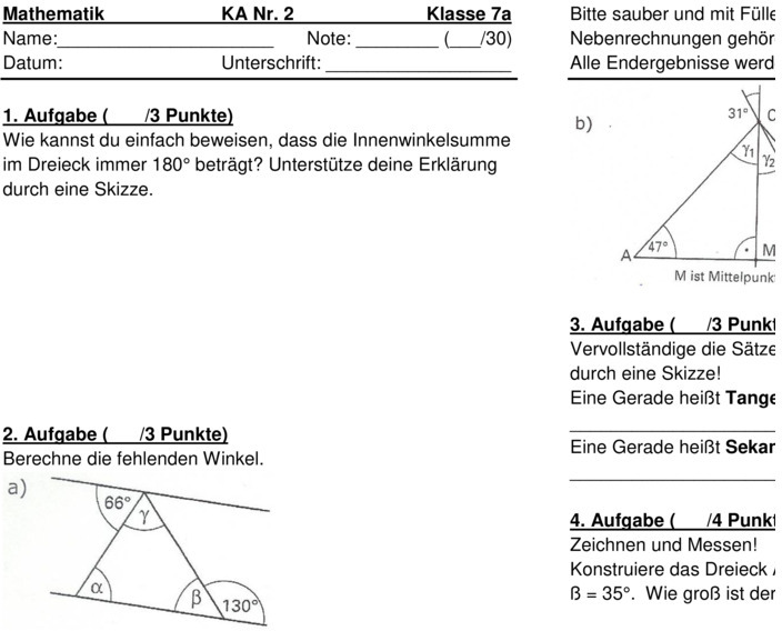 Klassenarbeit zu Geometrie [7. Klasse]