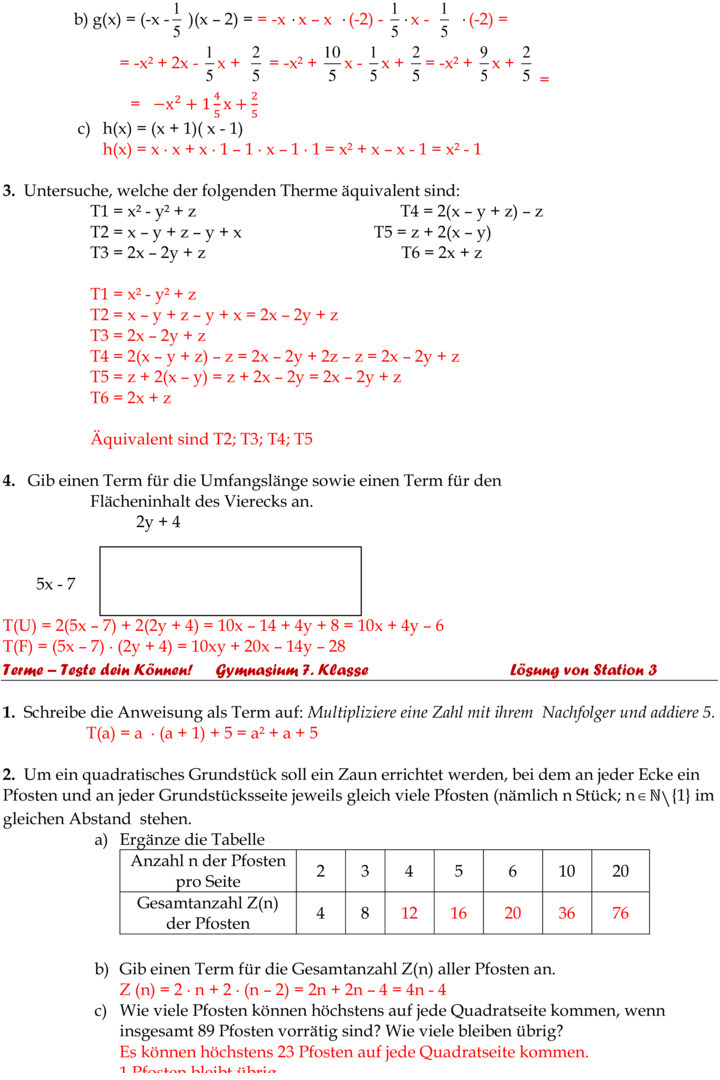 Terme Klasse 7 Gymnasium übungen Mit Lösungen Übungsblatt zu Terme