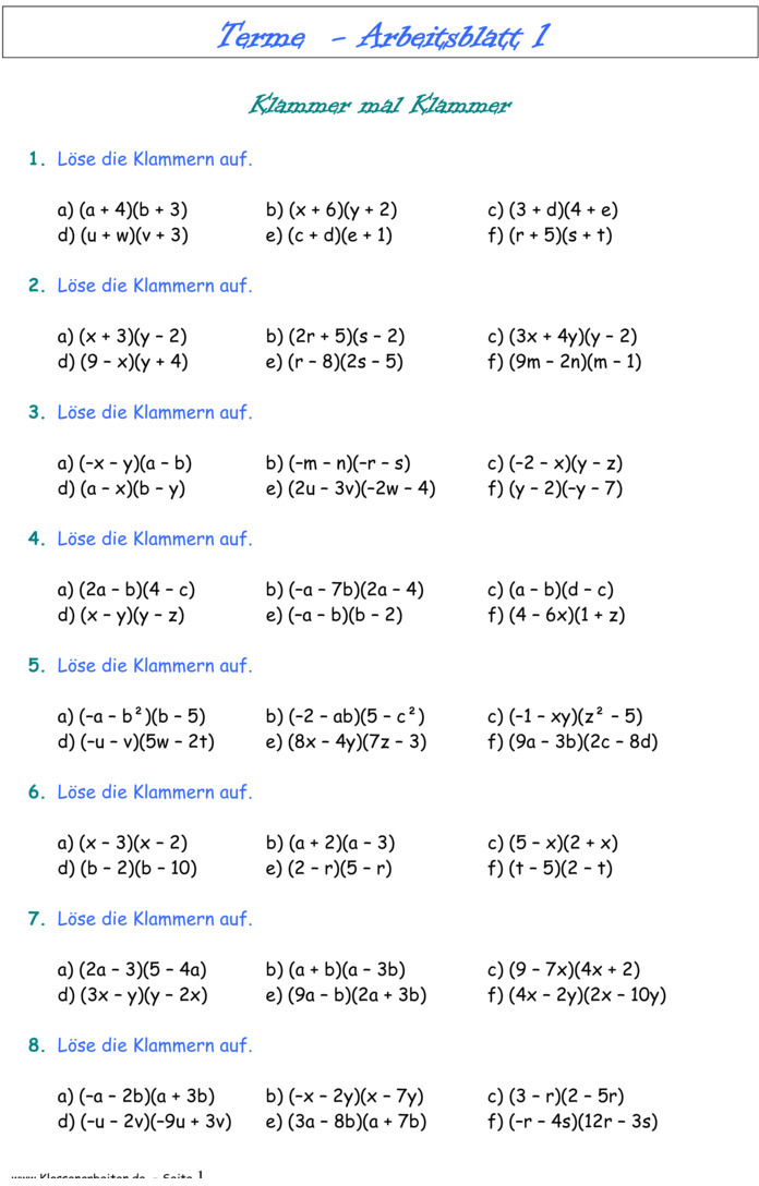 Terme Aufgaben Mit Lösungen Pdf Übungsblatt zu Terme