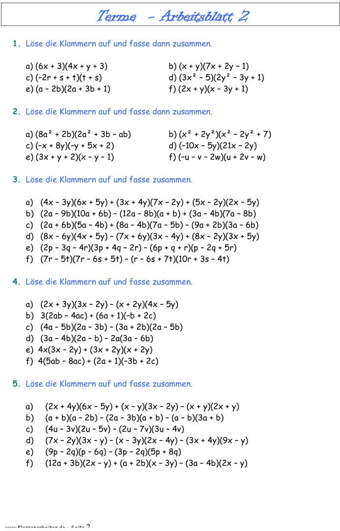 Terme Klasse 7 Gymnasium übungen Mit Lösungen Übungsblatt zu Terme