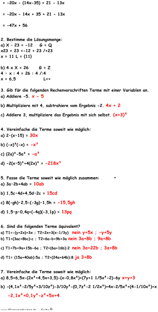 Terme Klasse 7 Gymnasium übungen Mit Lösungen Übungsblatt zu Terme