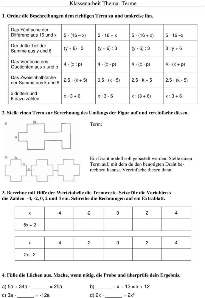 Klassenarbeit zu Terme