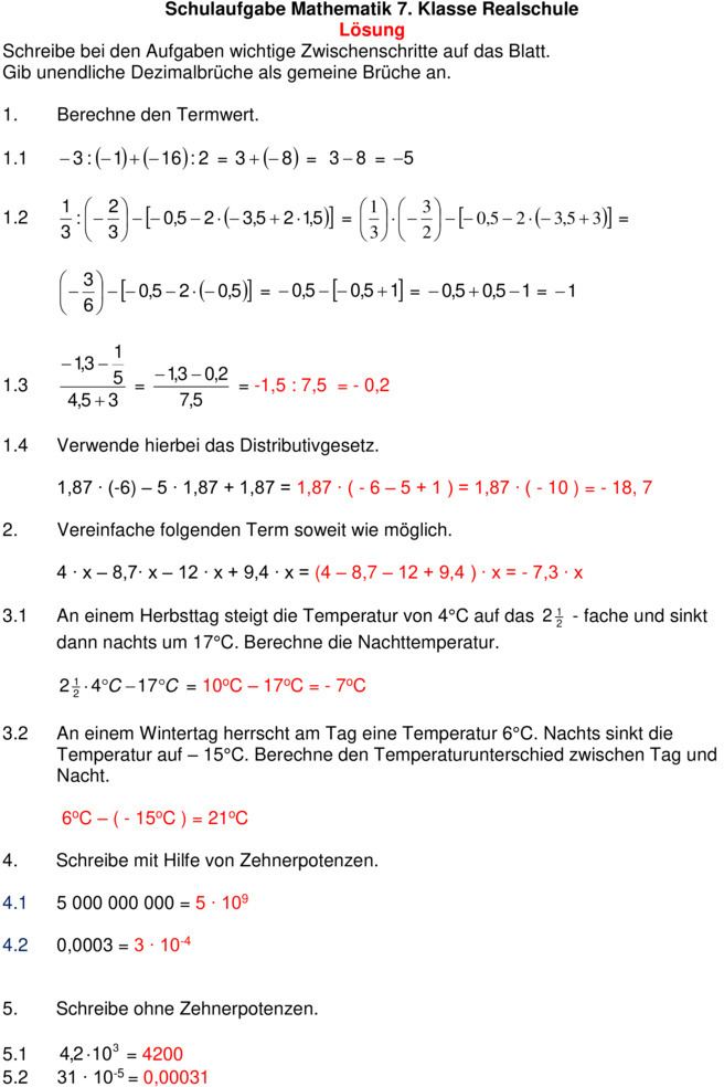 Klassenarbeit zu Potenzen [7. Klasse]