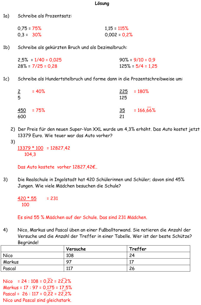 Klassenarbeit zu Prozentrechnung