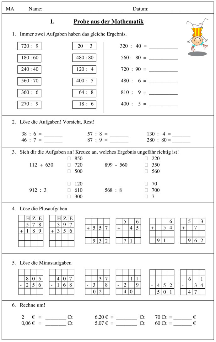 Klassenarbeit zu Zahlenraum bis 1000