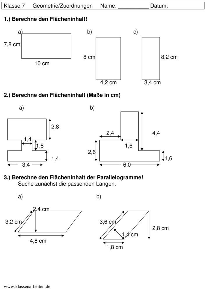 Klassenarbeit zu Längen und Flächen