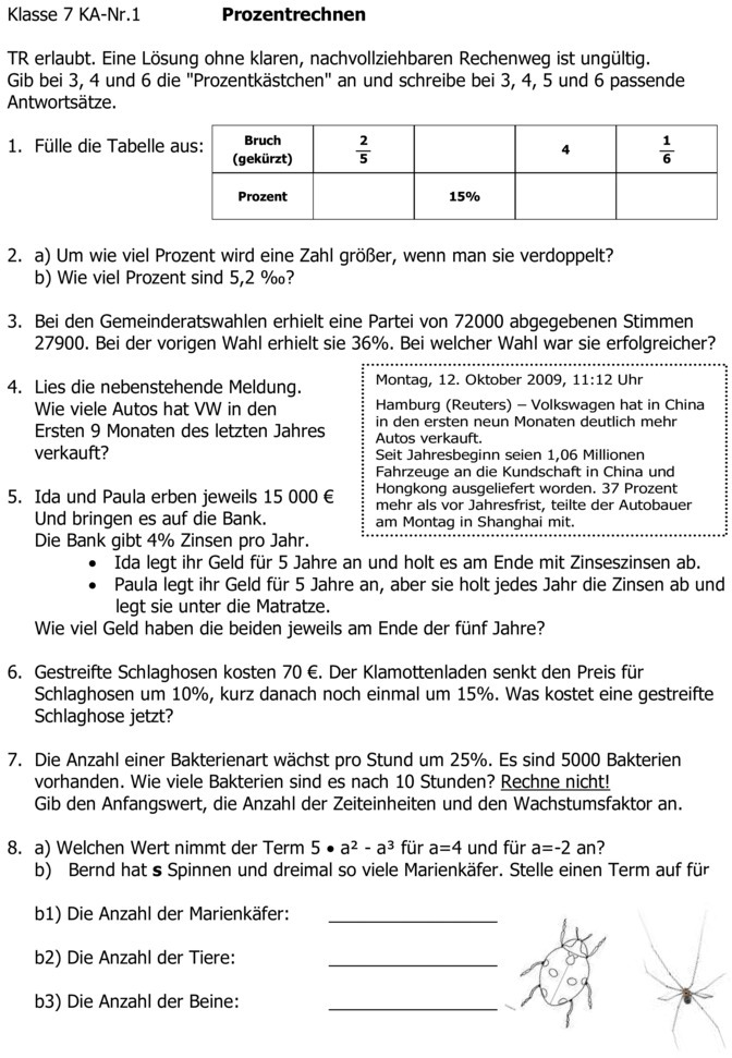 Klassenarbeit zu Prozentrechnung