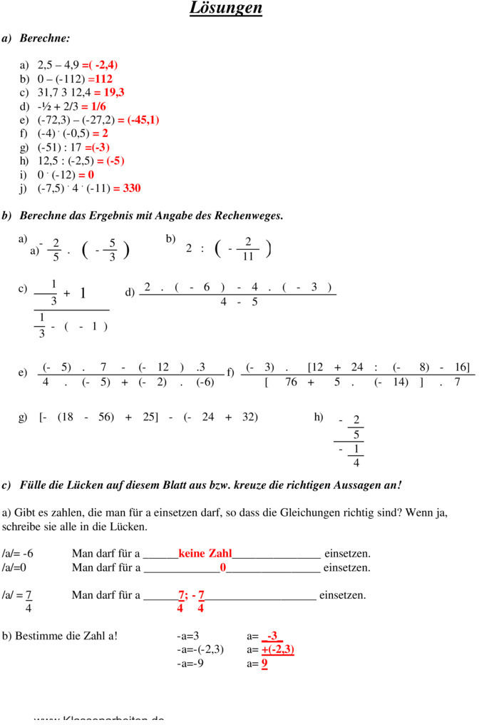 übungen Rationale Zahlen Klasse 7 Pdf Klassenarbeit zu Rationale Zahlen