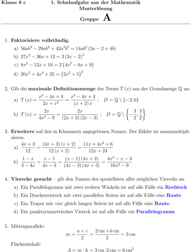 Argumentation 8. Klasse Gymnasium Musterlösung Klassenarbeit zu Schuljahresbeginn [Mathe 8. Klasse]
