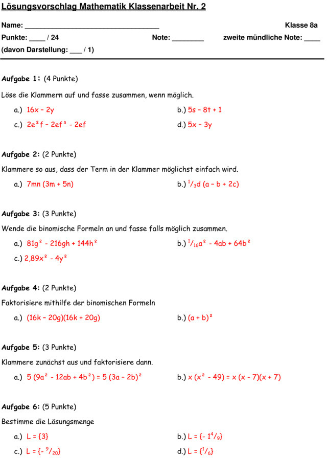 Klassenarbeit zu Binomische Formeln