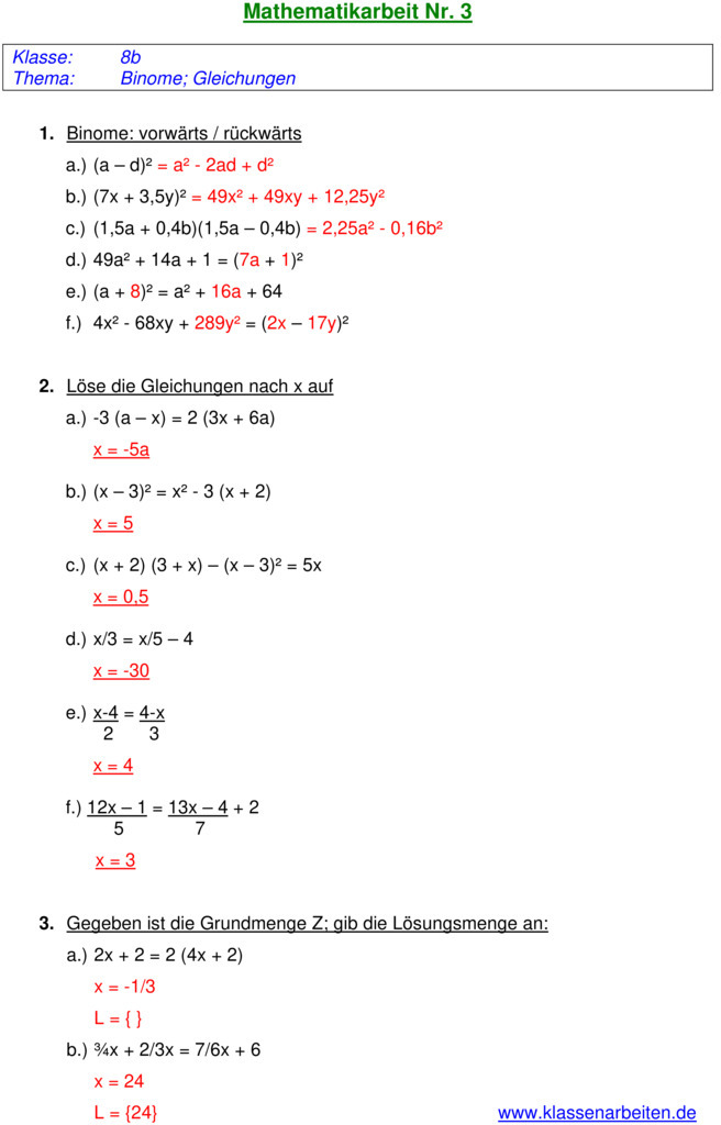 Klassenarbeit zu Binomische Formeln