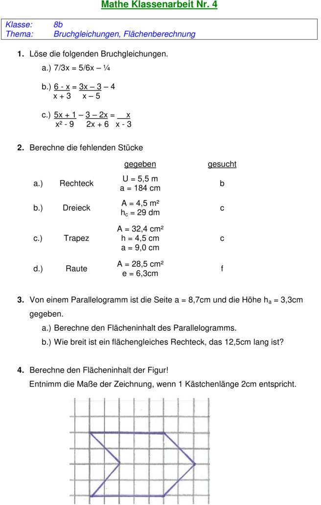 Klassenarbeit zu Flächen und Volumen [8. Klasse]