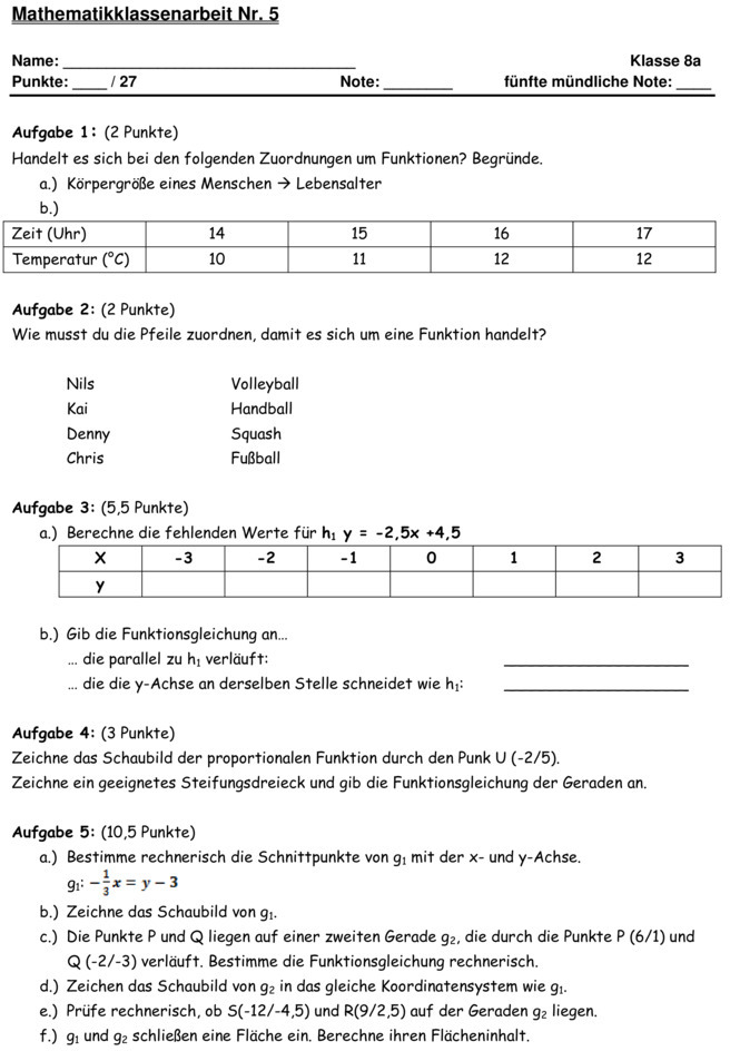 Klassenarbeit Lineare Funktionen Klasse 8 Mit Lösungen Klassenarbeit zu Lineare Funktionen [8. Klasse]