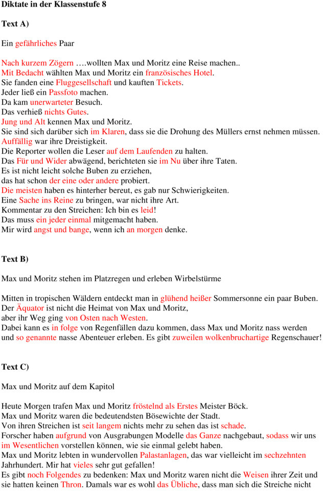 Klassenarbeit zu Diktate [8. Klasse]